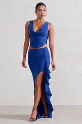 Blue Ruffle Maxi Skirt With Thigh Split
